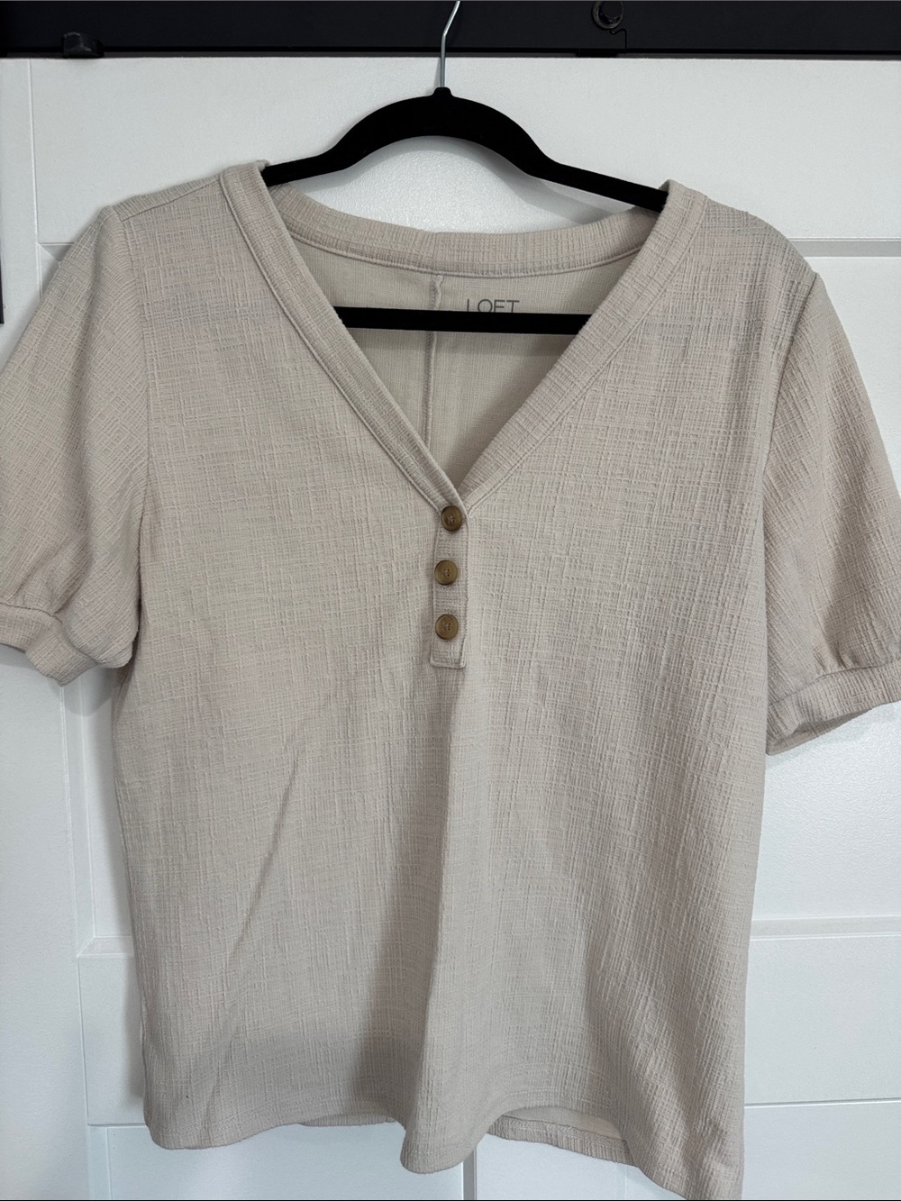 LOFT Beige V-Neck Short Sleeve Top with Button Placket